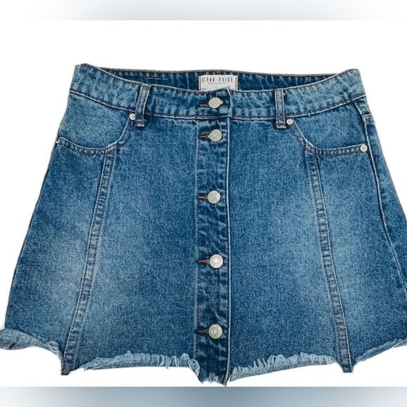 Blank Paige Women Blue Denim Mini Skirt Button Front Jean Frayed Edge Size L - Picture 1 of 8